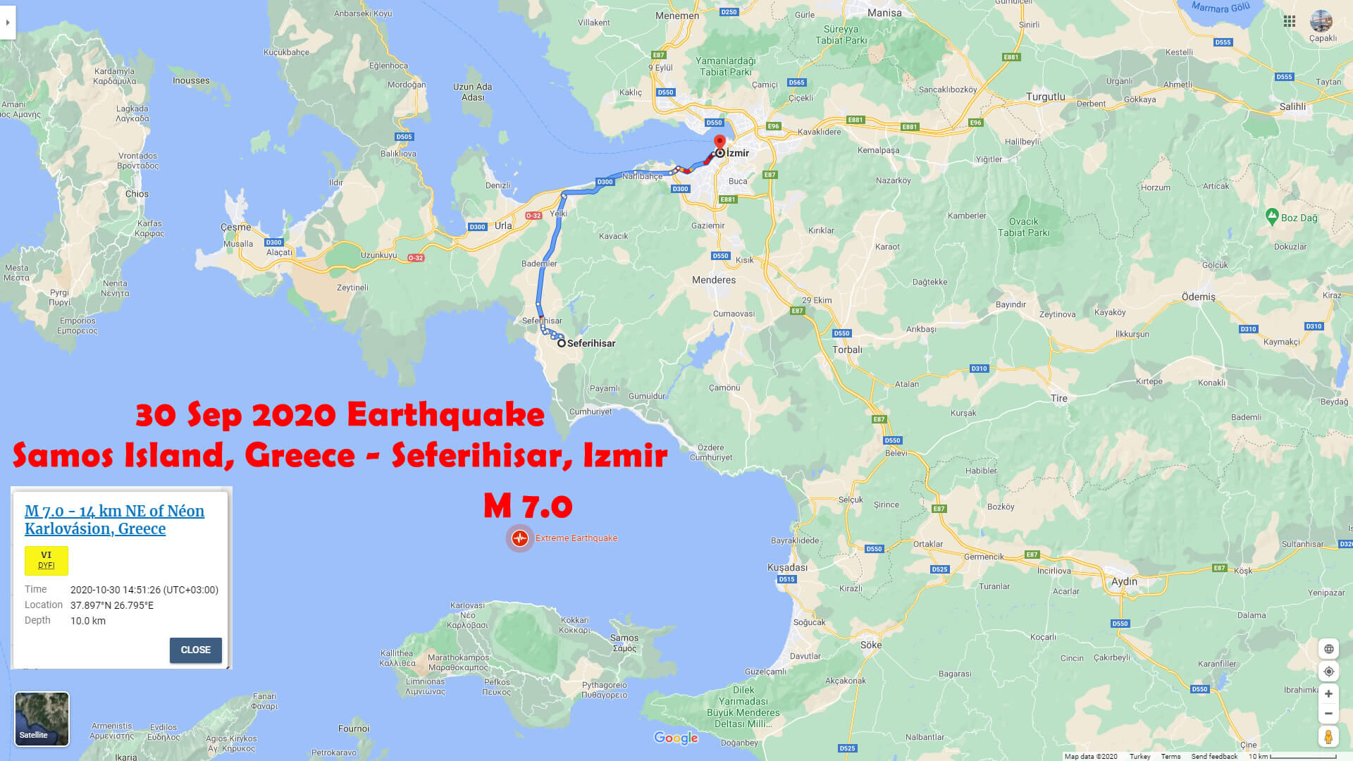 Samos Greece - Seferihisar Izmir - Sep 30 Earthquake Google Map